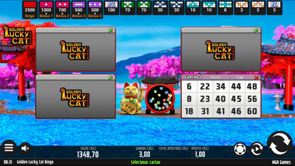 Seleção de cartelas de Golden Lucky Cat Bingo