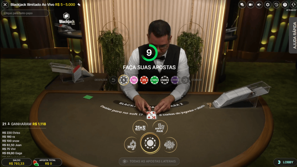 Opções de apostas em Blackjack Ilimitado Ao Vivo
