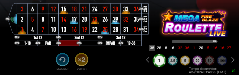 Diferentes tipos de apostas de Mega Fire Blaze Roulette