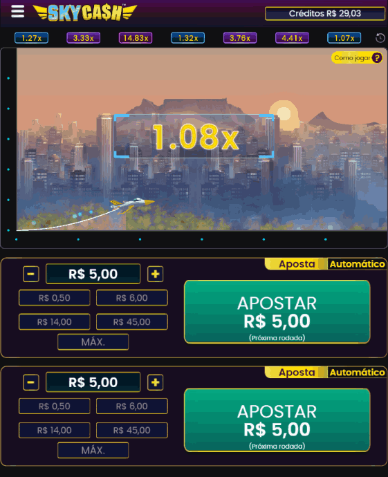 Interface do jogo Sky Cash